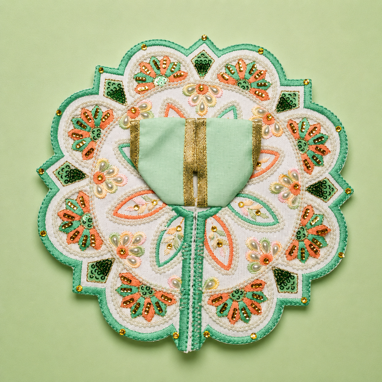 Shri Braj Padmavilas Mint Green Poshak – Designer Laddu Gopal Lotus Shringar Dress | Mathura Vrindavan Handcrafted