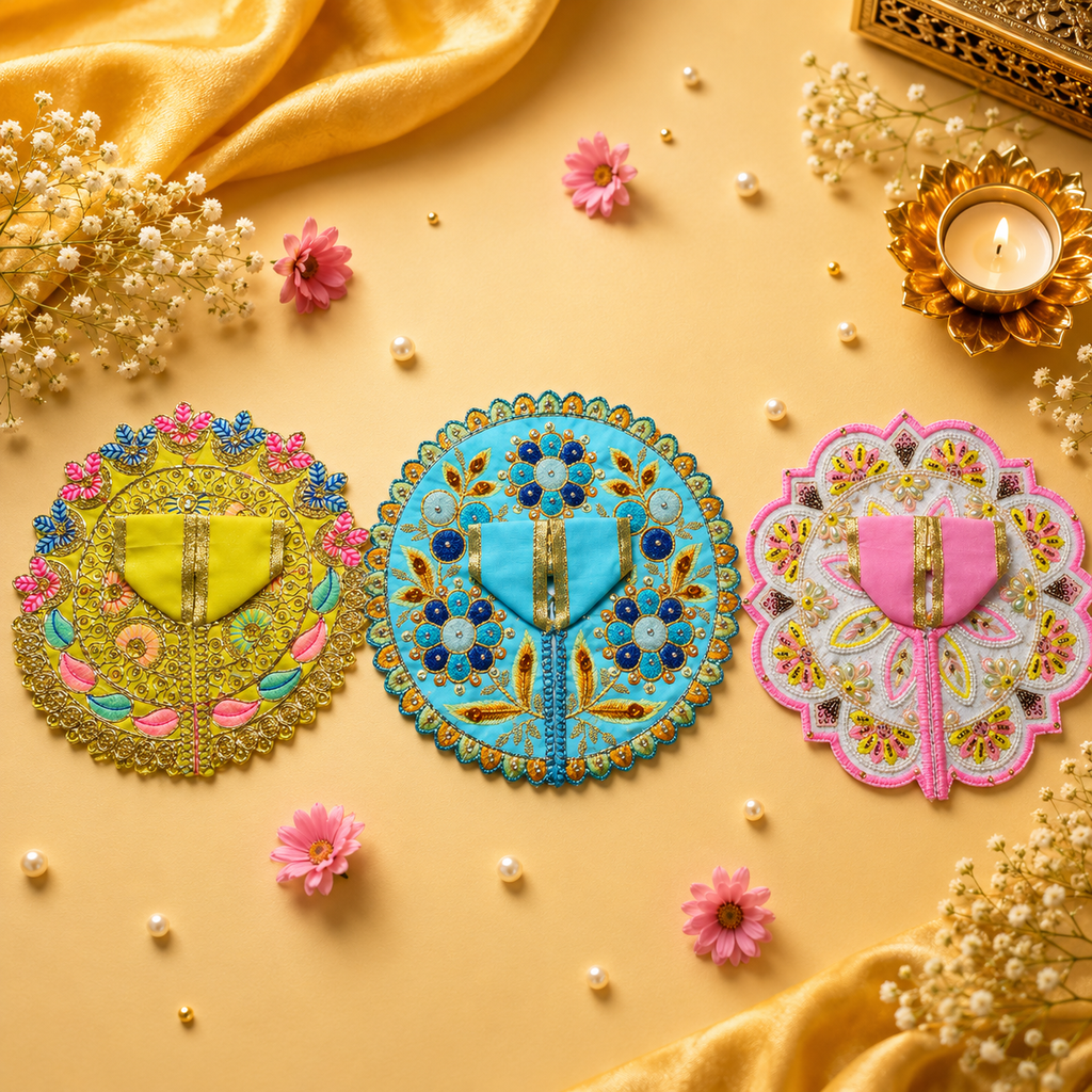 Shri Braj Rangmadhuri Collection – Set of 3 Designer Laddu Gopal Poshak Combo | Mathura Vrindavan Handcrafted