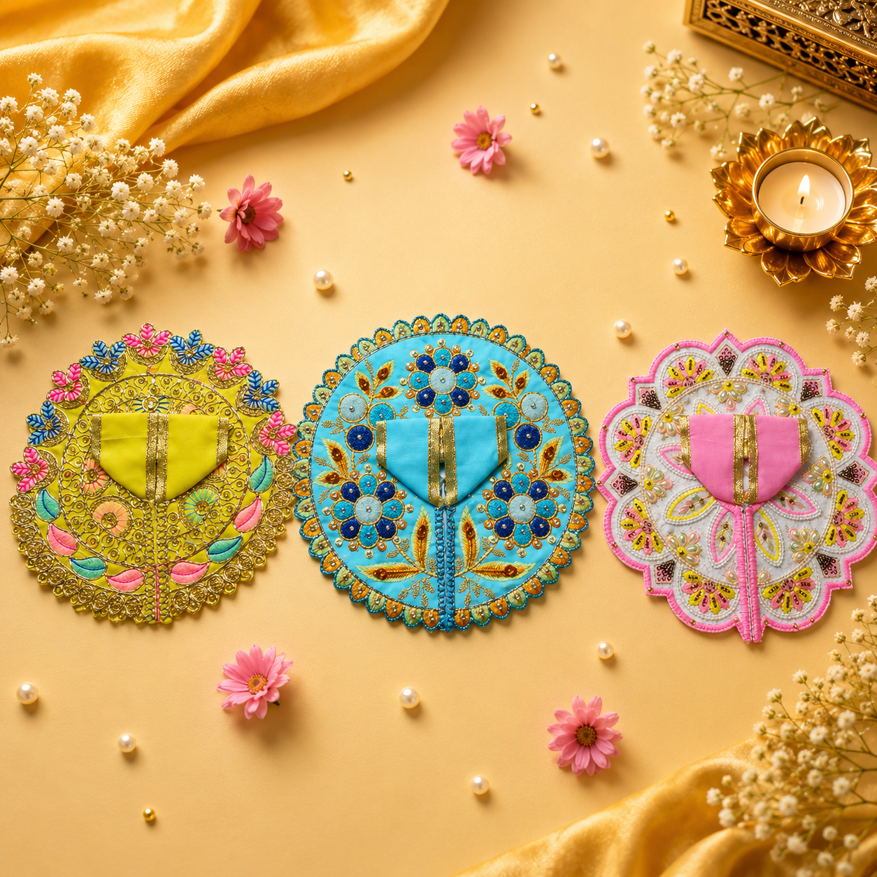 Shri Braj Rangmadhuri Collection – Set of 3 Designer Laddu Gopal Poshak Combo | Mathura Vrindavan Handcrafted
