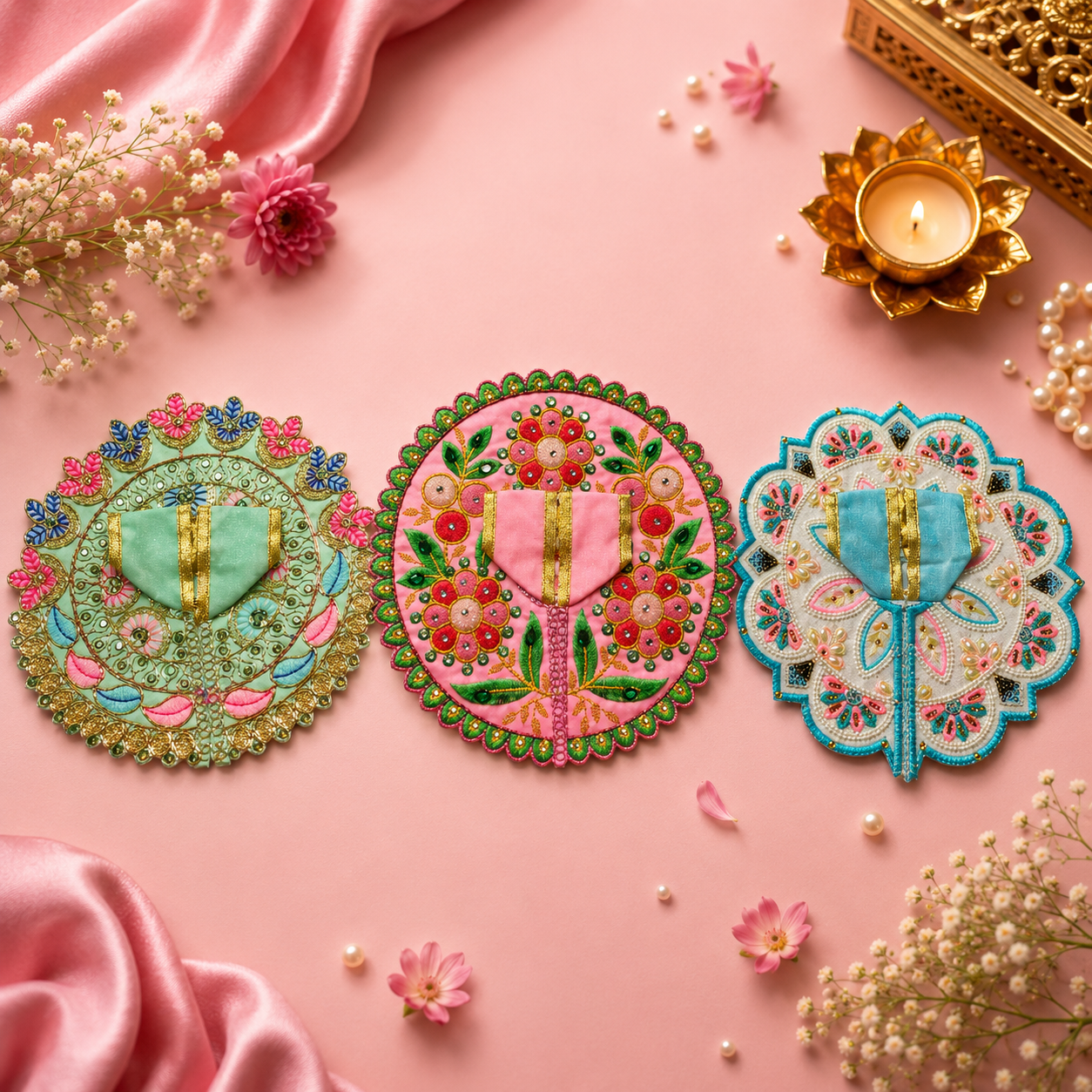 Shri Braj Pushpras Collection – Set of 3 Designer Laddu Gopal Poshak Combo | Mathura Vrindavan Handcrafted