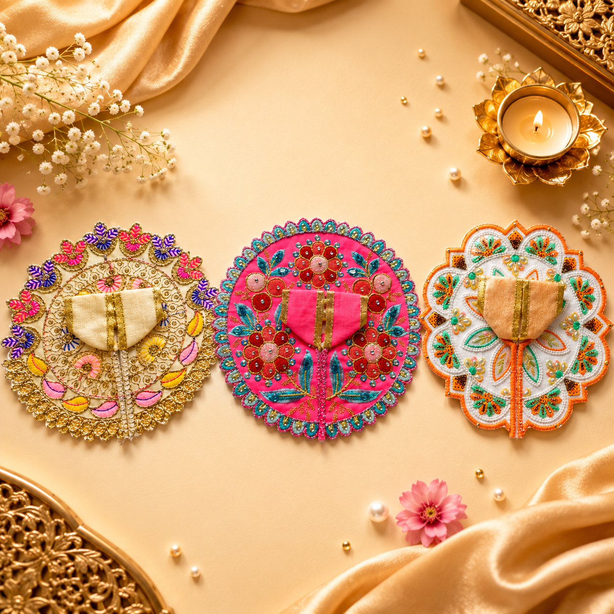 Shri Braj Pushpvaibhav Collection – Set of 3 Designer Laddu Gopal Poshak Combo | Mathura Vrindavan Handcrafted