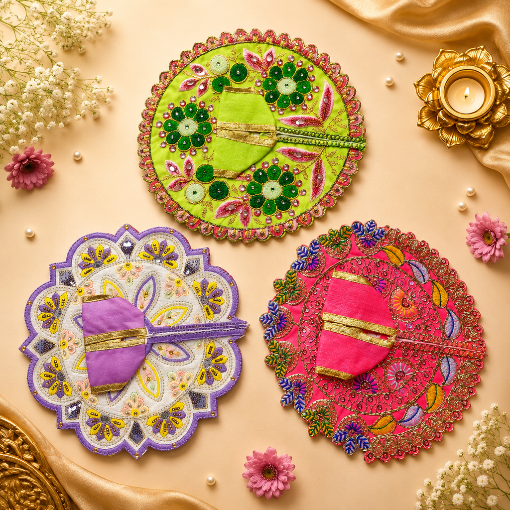 Shri Braj Rangvilas Collection – Set of 3 Designer Laddu Gopal Poshak Combo | Mathura Vrindavan Handcrafted