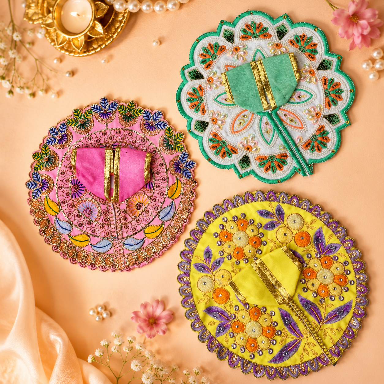 Shri Braj Rangpushp Collection – Set of 3 Designer Laddu Gopal Poshak Combo
