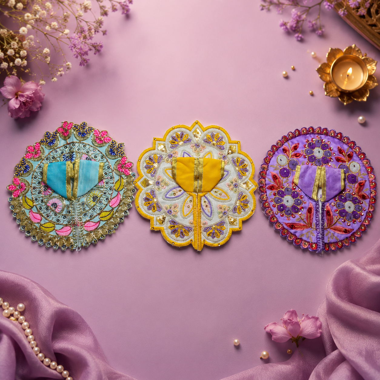 Shri Braj Phoolvati Collection – Set of 3 Designer Laddu Gopal Poshak Combo