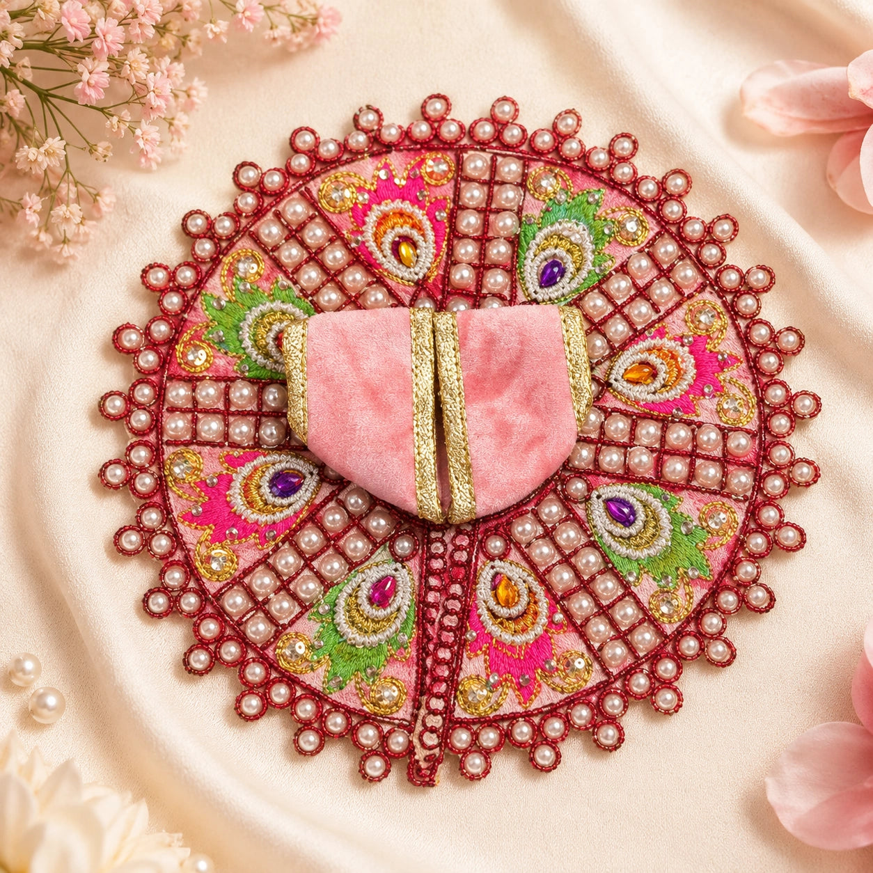 Shri Braj Morpankh Pearl Shringar Poshak for Laddu Gopal Ji - RED-PINK