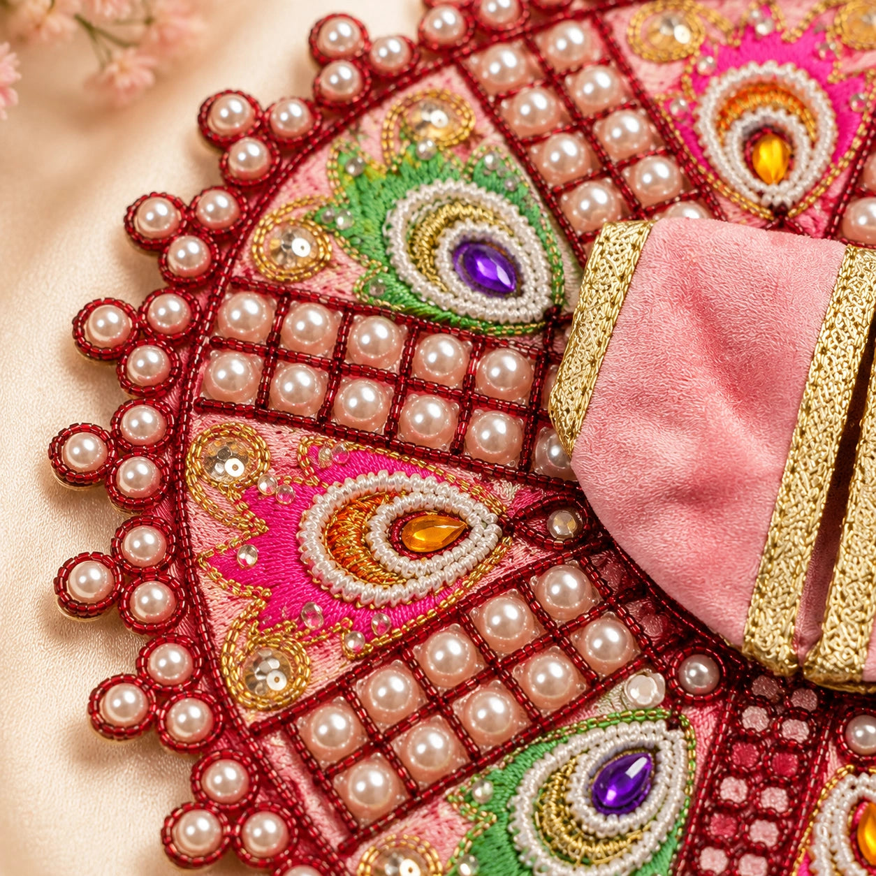 Shri Braj Morpankh Pearl Shringar Poshak for Laddu Gopal Ji - RED-PINK