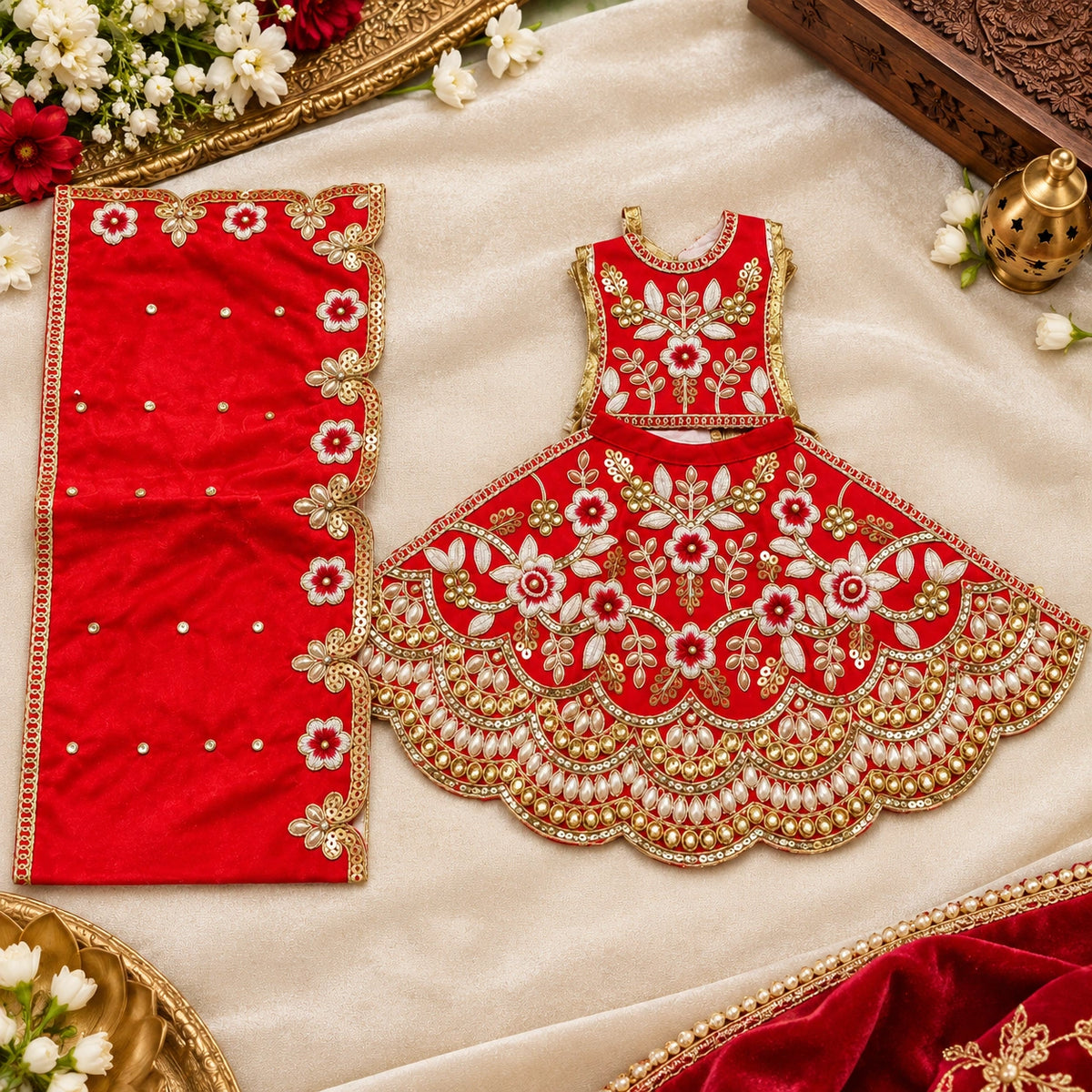 Braj Pushp Madhuri 3 Pcs Durga Mata Poshak - Red